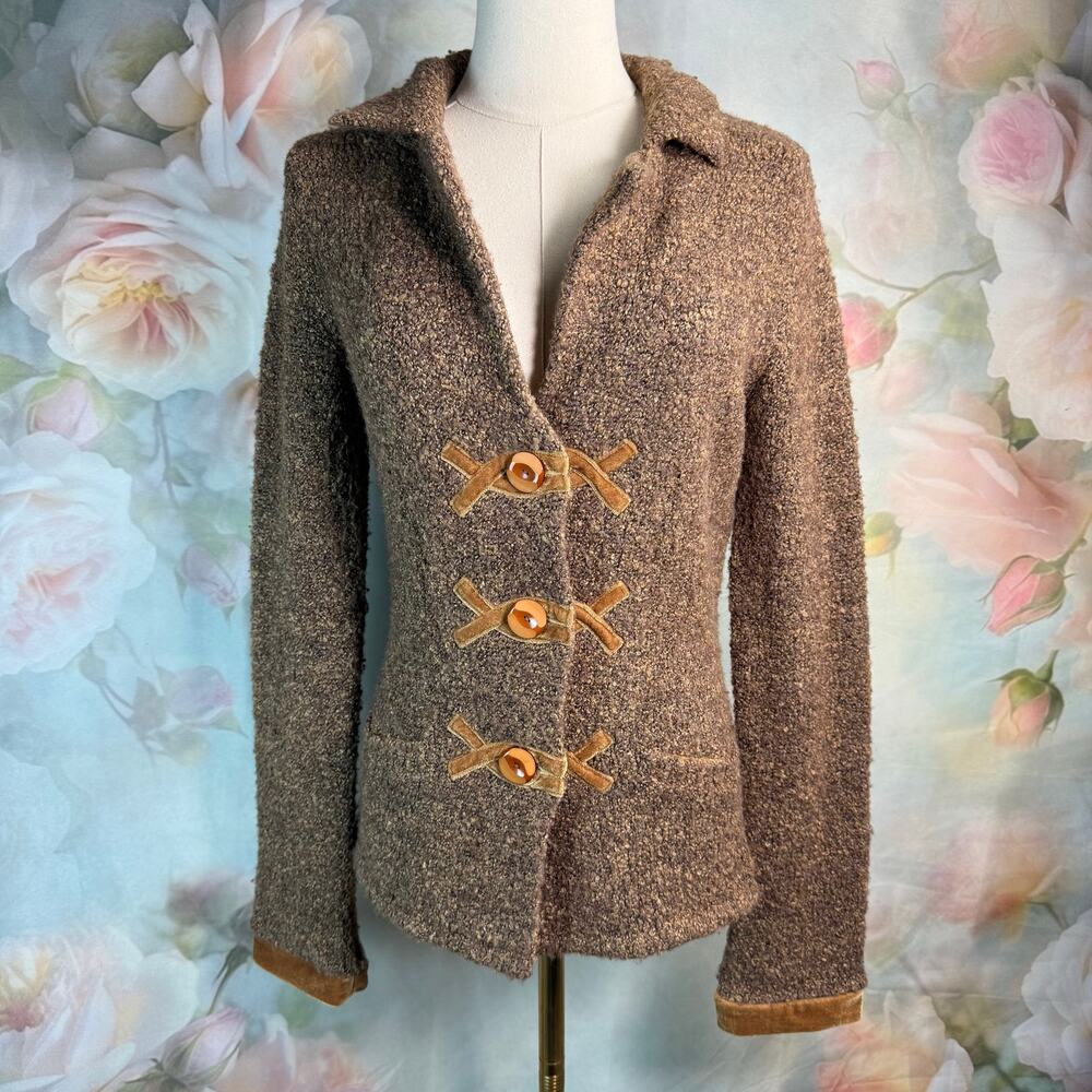 Anthropologie HWR Brown Boucle Gold Velvet Trim Knit Button Up Sweater